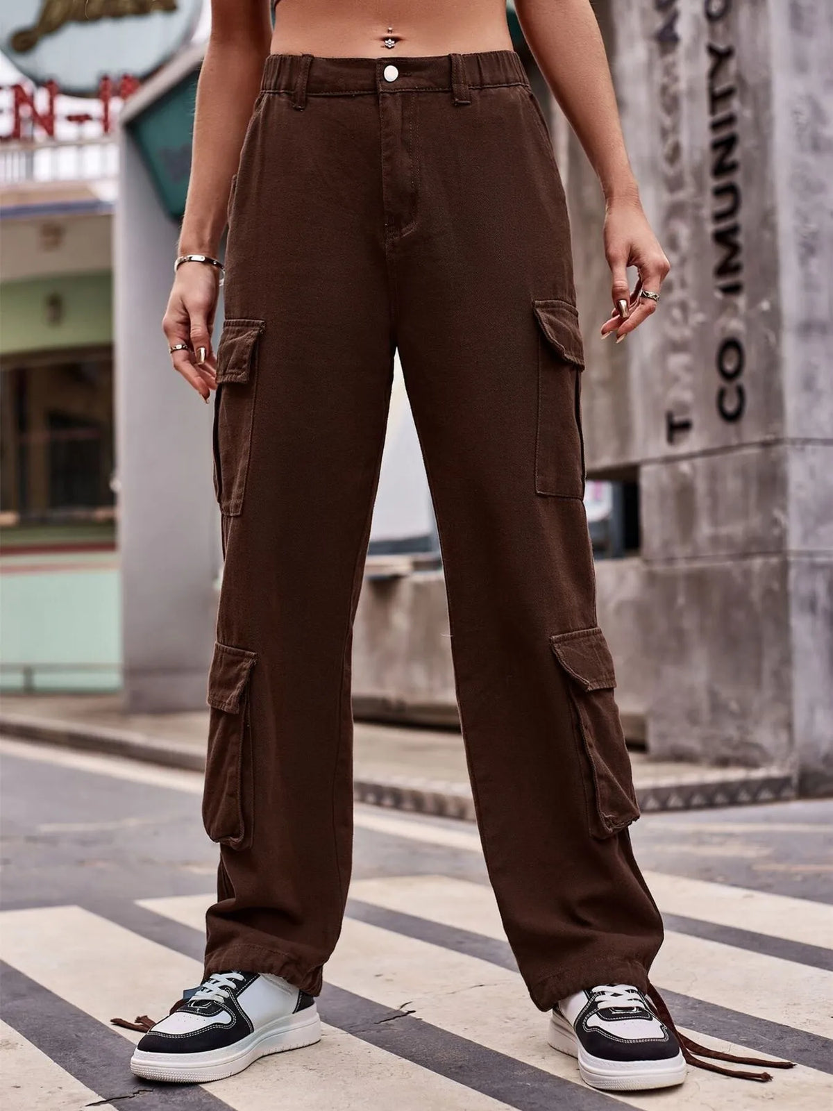 Army green wide leg cargo jeans view