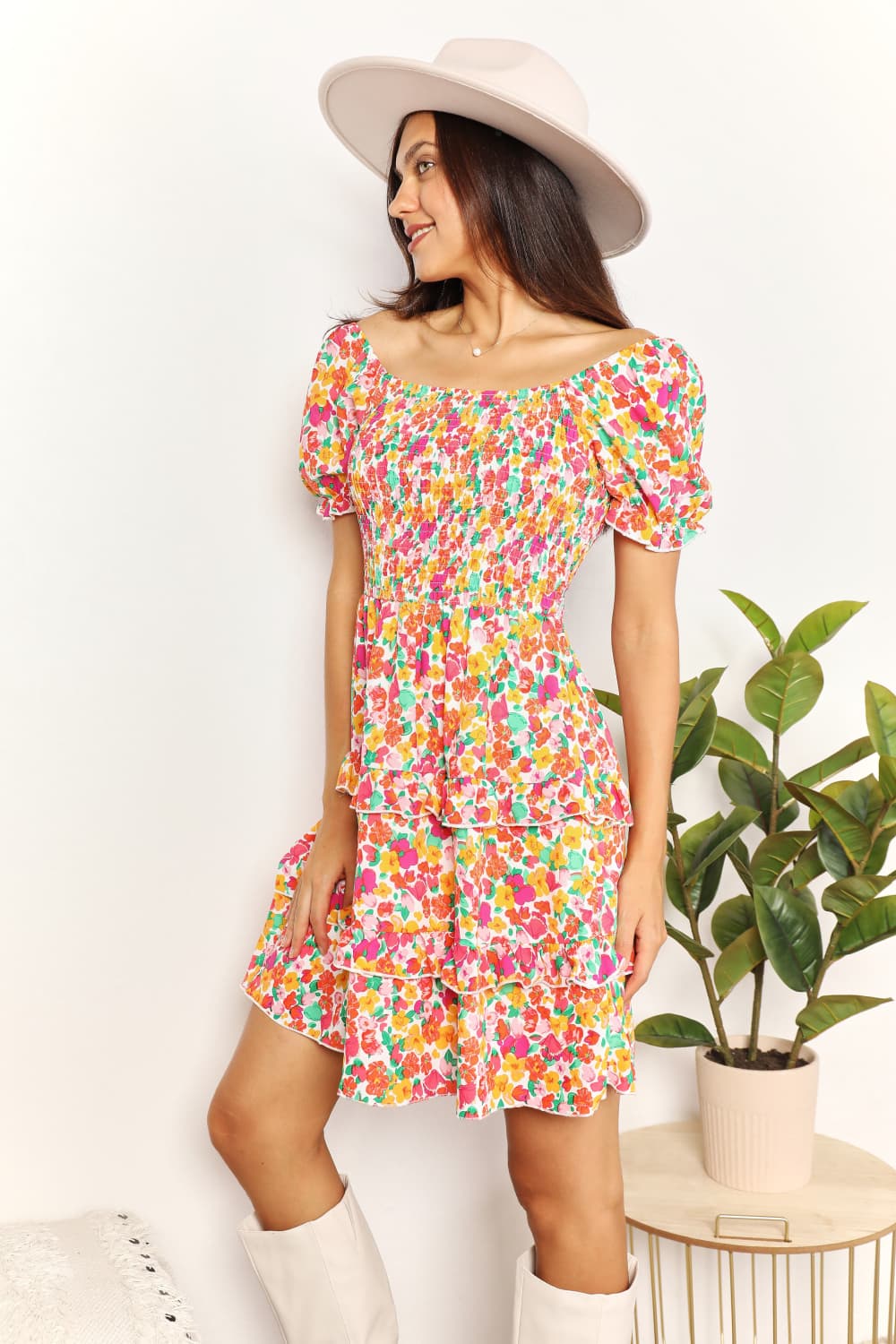 Devine Smocked Sweetheart Neck Flounce Sleeve Mini Dress detail