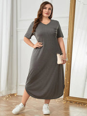Plus Size Pocketed V-Neck Short Sleeve Lounge Dress Dark Gray - Fashorio