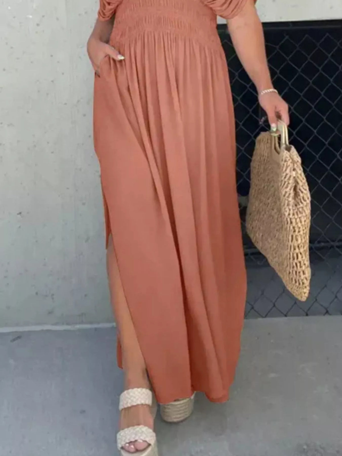 Slit V neck smocked waist maxi dress fabric detail