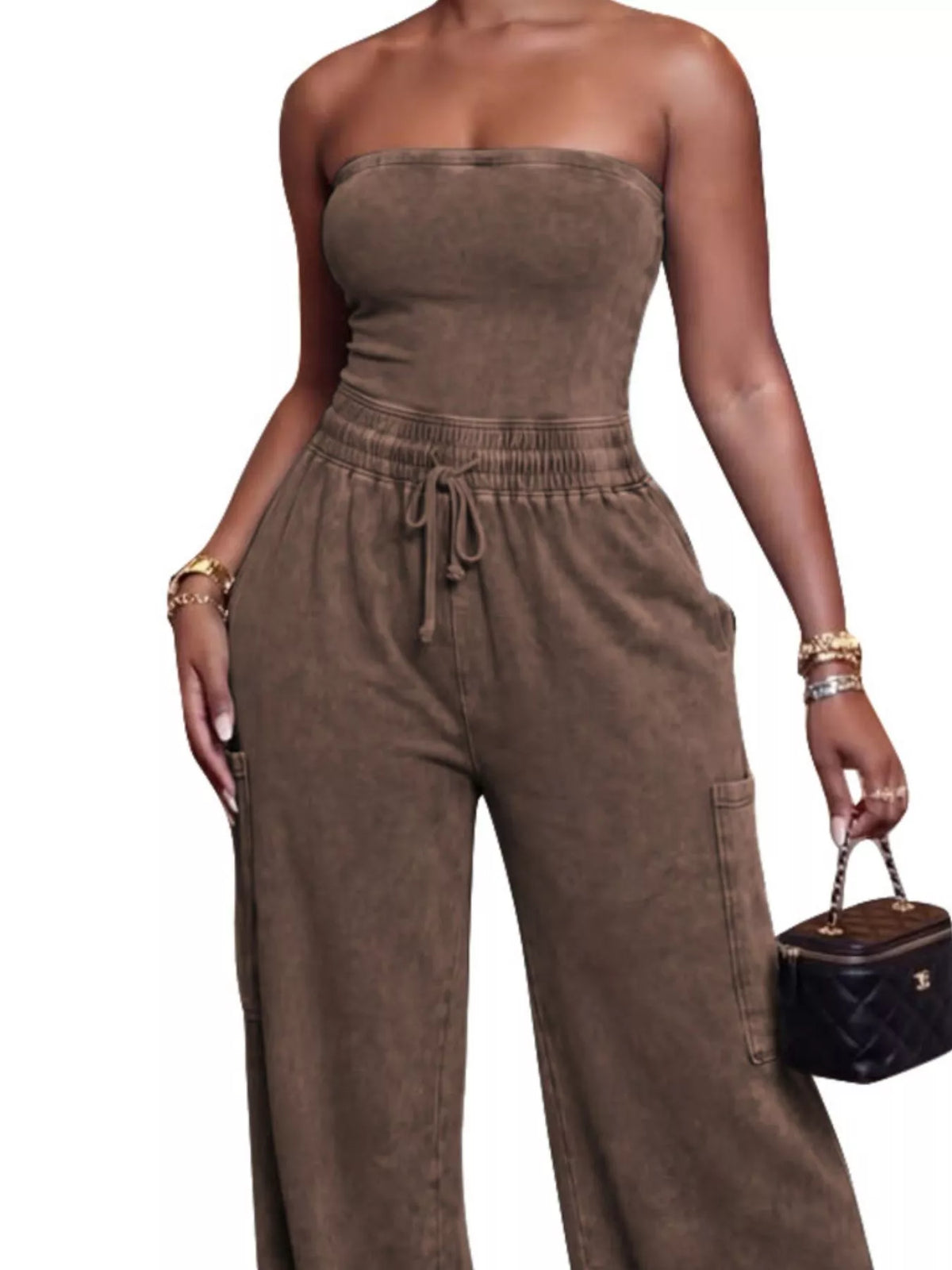 Brown strapless jumpsuit styled look