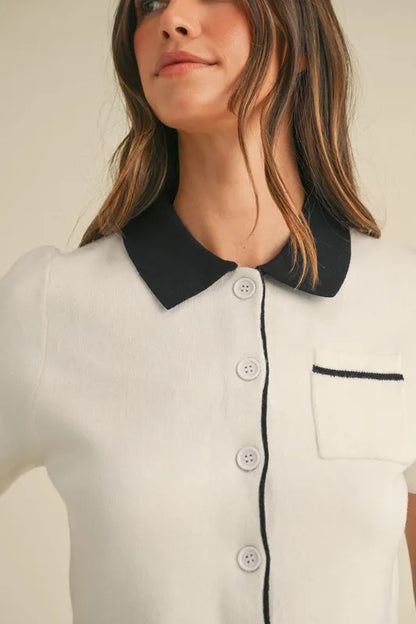 MABLE Button Down Contrast Collared Knit Cardigan - Fashorio