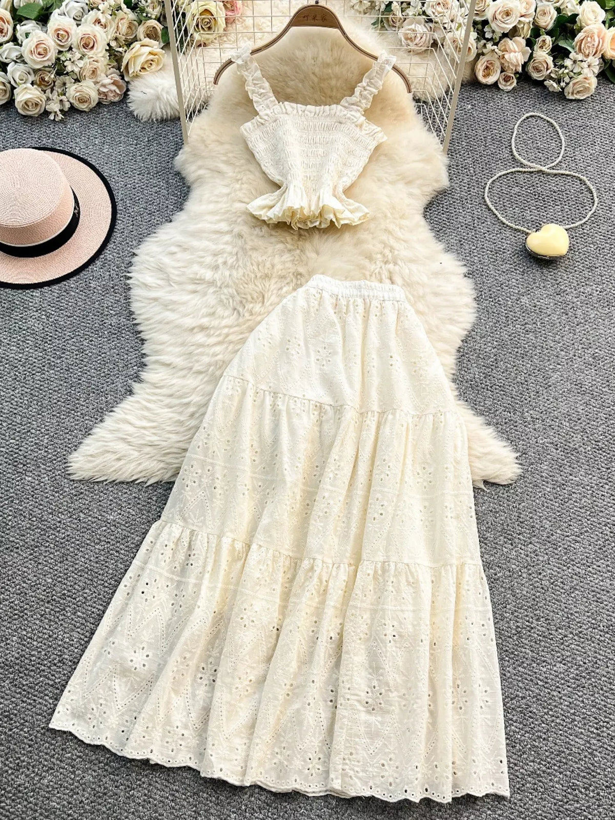 Smocked Crop Top and Hollow Out Skirt Set, view 25