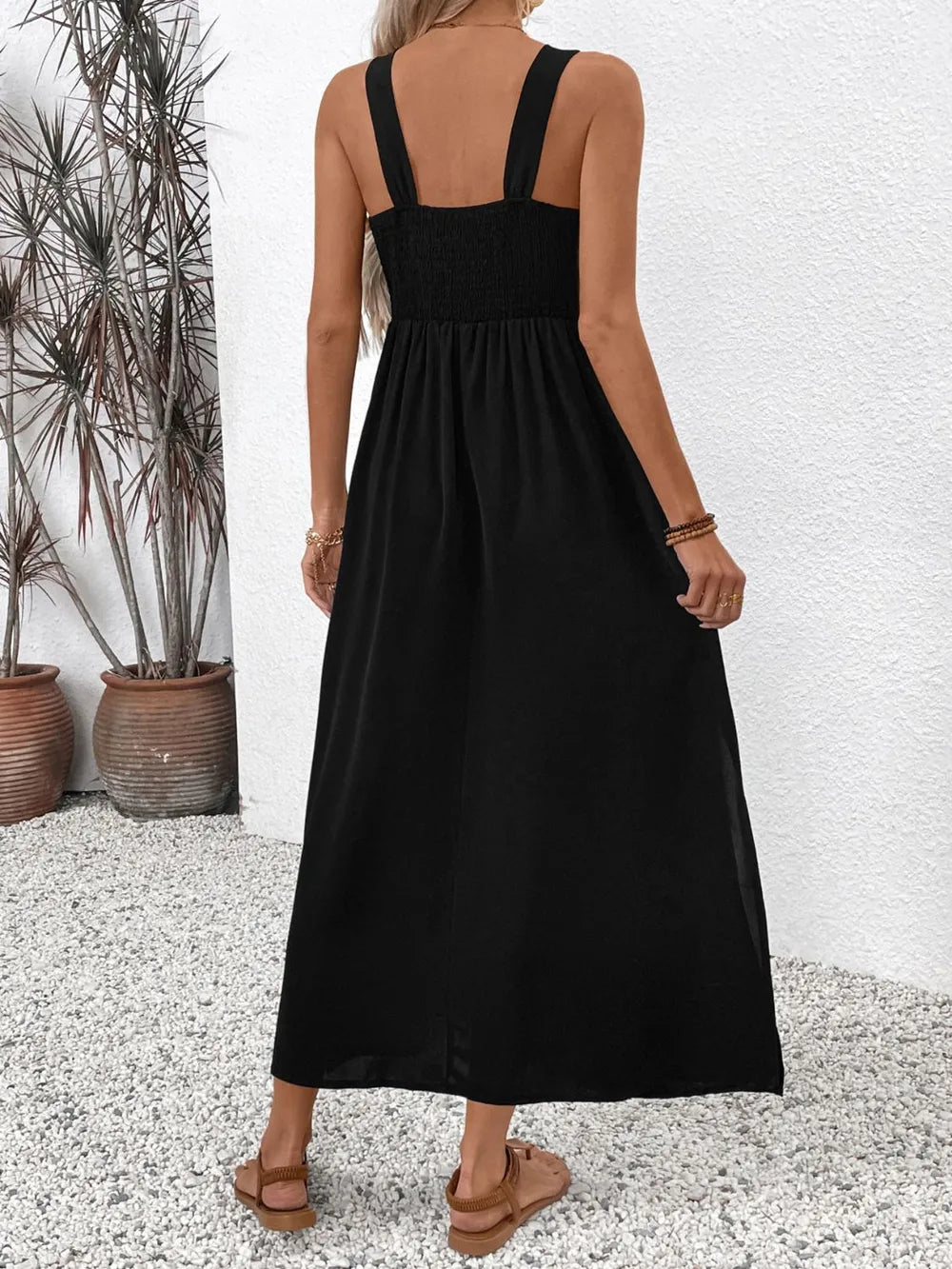 Black embroidered midi dress side slit detail