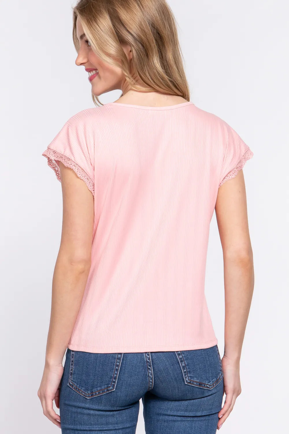 ACTIVE BASIC Lace Trim V-Neck Short Sleeve Ribbed Top - Fashorio