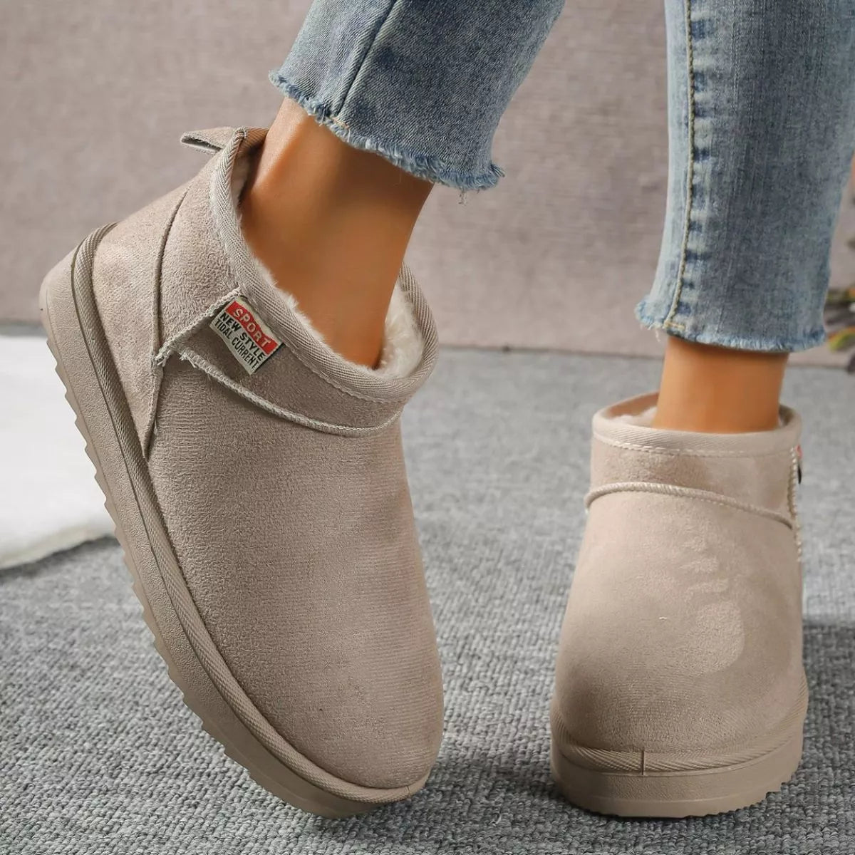 Beige round toe platform boots top down view