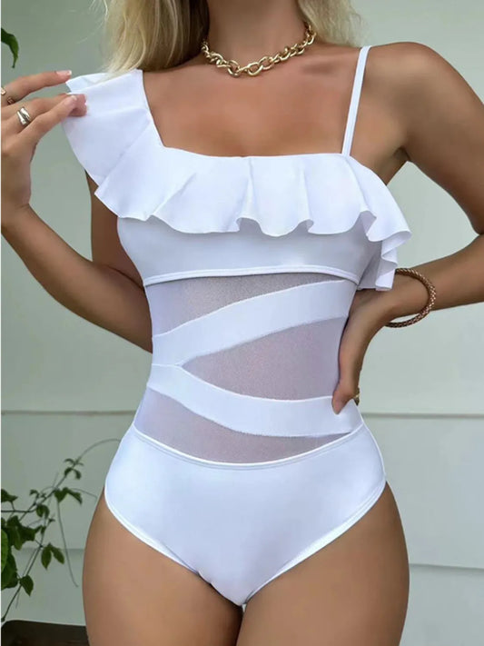 Asymmetrical Ruffled One-Piece Swimwear White - Fashorio