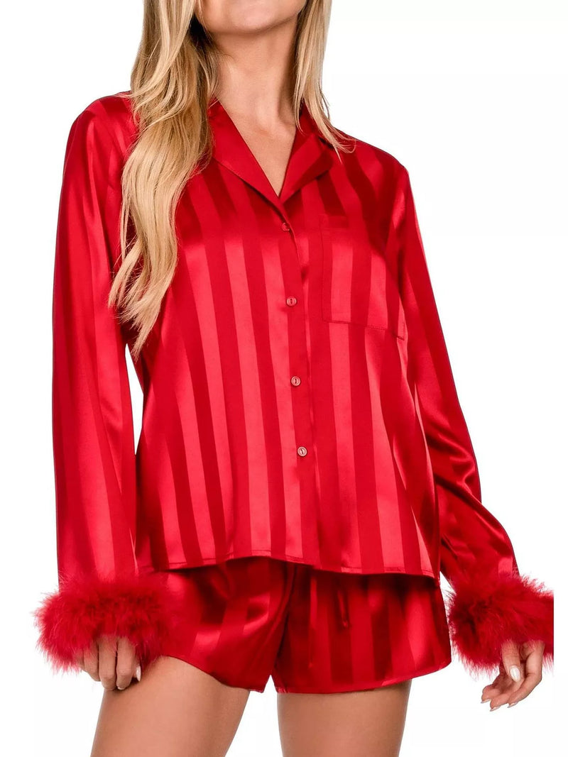 Striped feather trim shirt and shorts lounge set front view