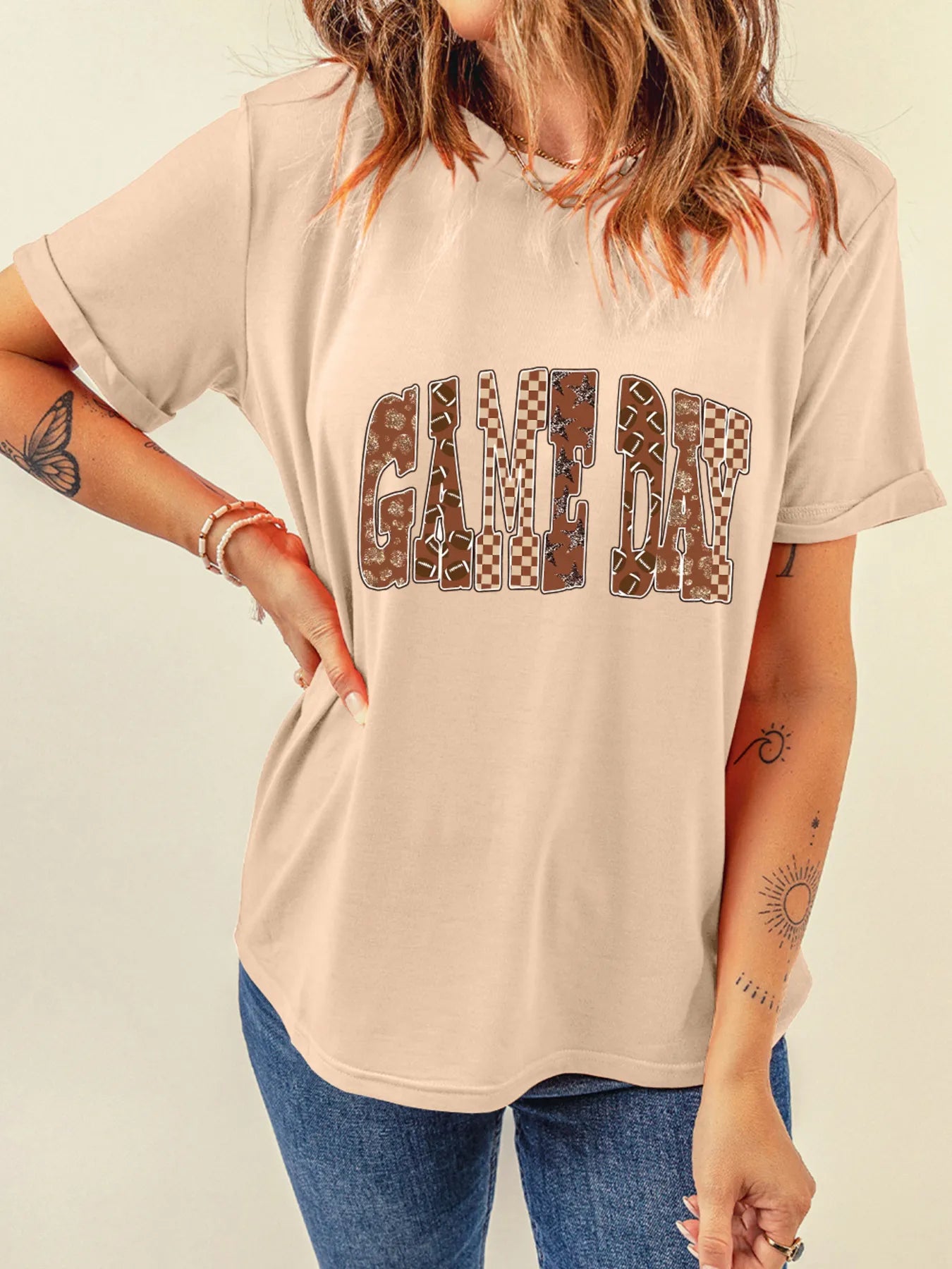 Full Size GAME DAY Checkered Letter Graphic T Shirt Plus Size - Fashorio