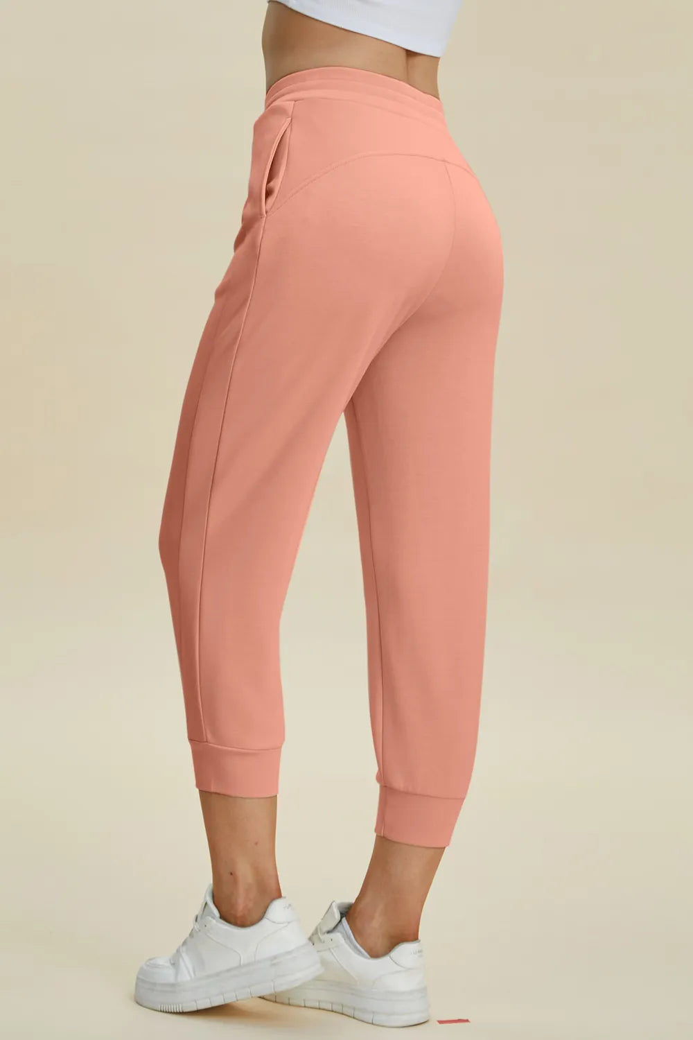 Drawstring waist pants side profile view