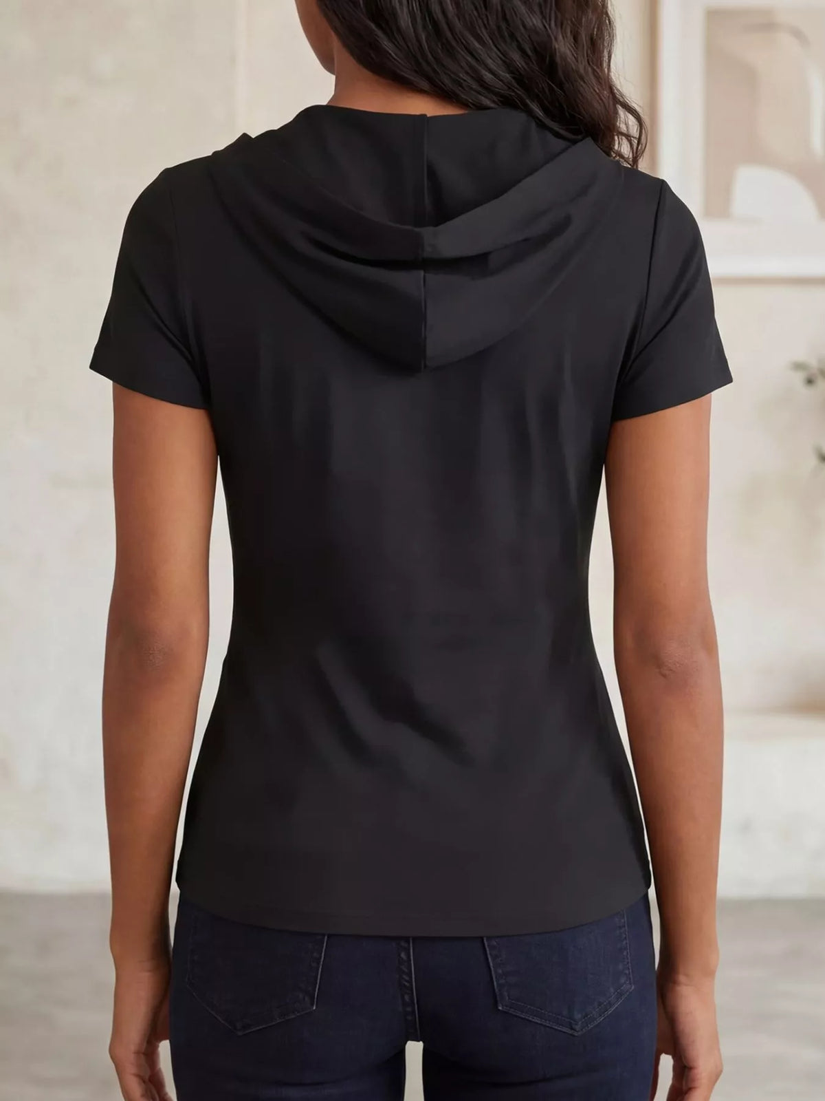 Hooded wrap front slim fit top, detail view