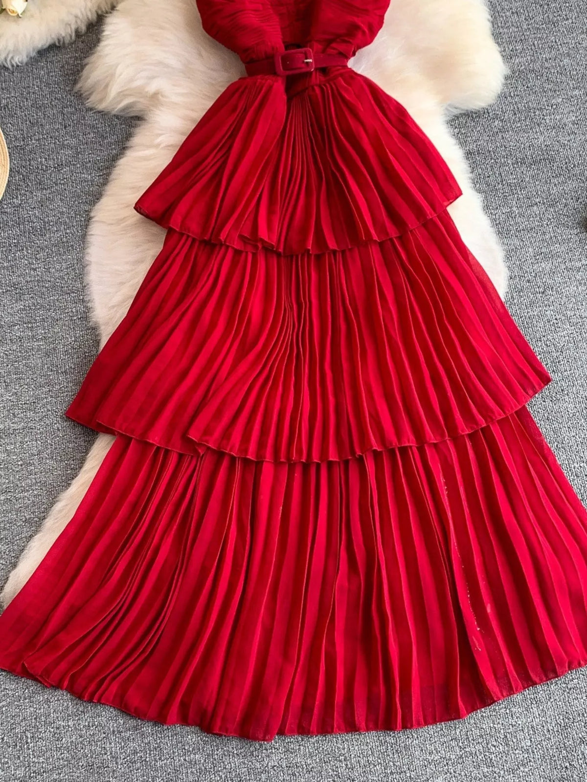Pleated layered spaghetti strap midi dress full length styling
