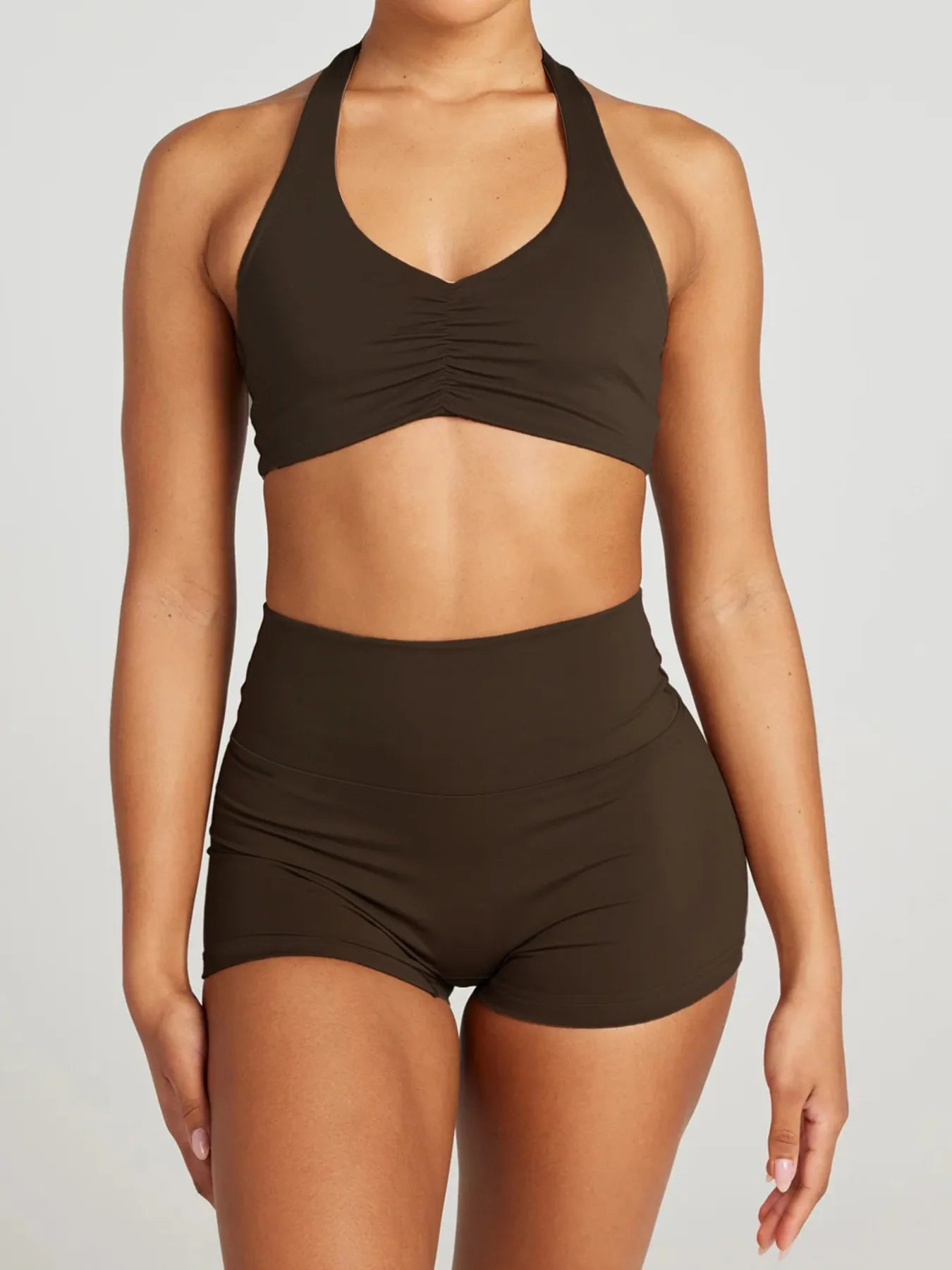 Halter Neck Cami and Shorts Active Set Brown - Fashorio