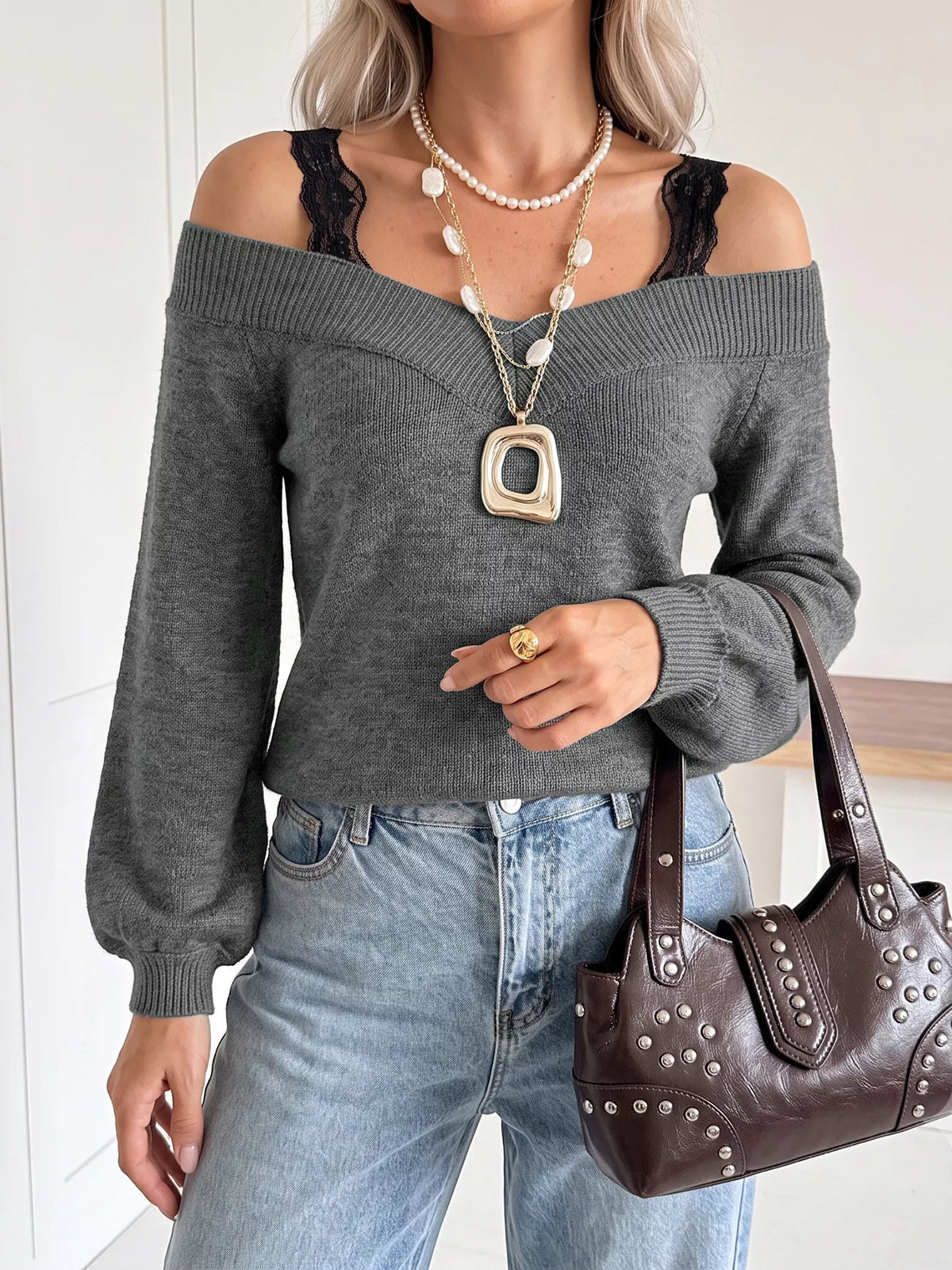 Lace Trim Off Shoulder Sweater back view