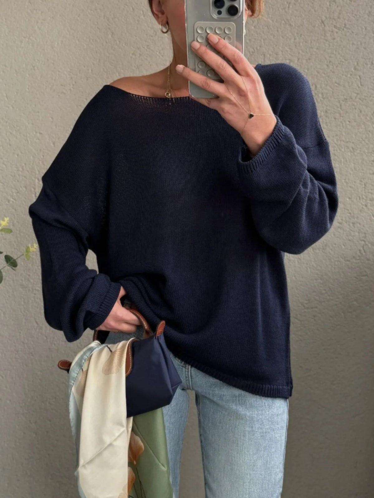 boat neck drop shoulder sweater sleeve and cuff detail