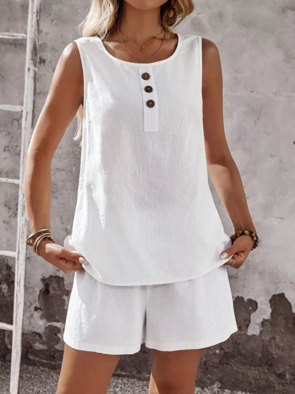 Decorative Button Round Neck Tank and Shorts Set, view 13