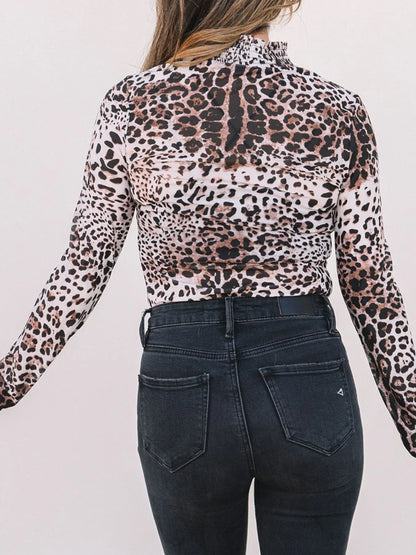 Leopard Print Long Sleeve Mock Neck Bodysuit - Fashorio