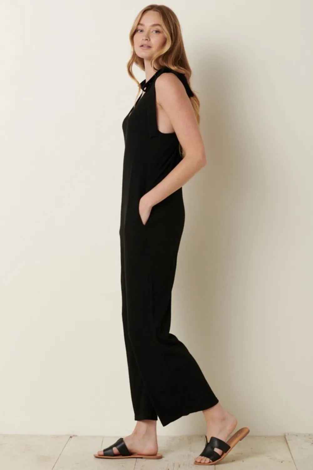 Rib Knit V Neck Cross Back Jumpsuit side view