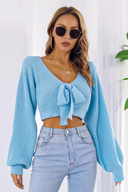 Bow V-Neck Long Sleeve Cropped Sweater Pastel Blue - Fashorio