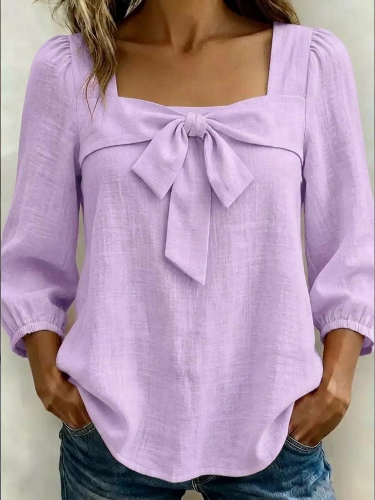 Light purple bow front blouse front view