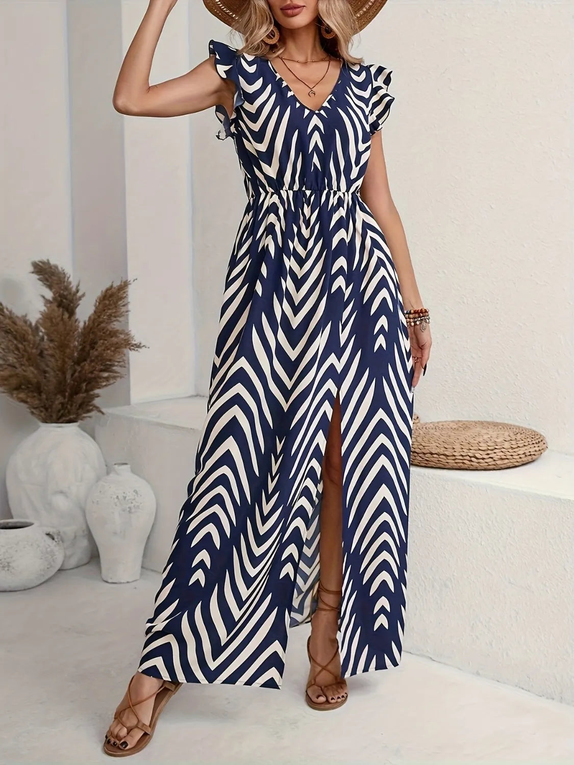 Dark blue printed maxi dress full length view