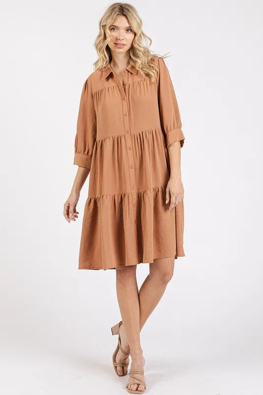 Button Detail Collared Neck Tiered Shirt Dress detail