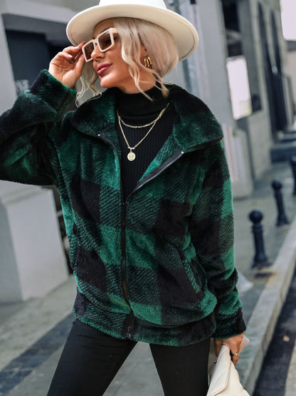 Plaid Zip-Up Collared Jacket - Fashorio