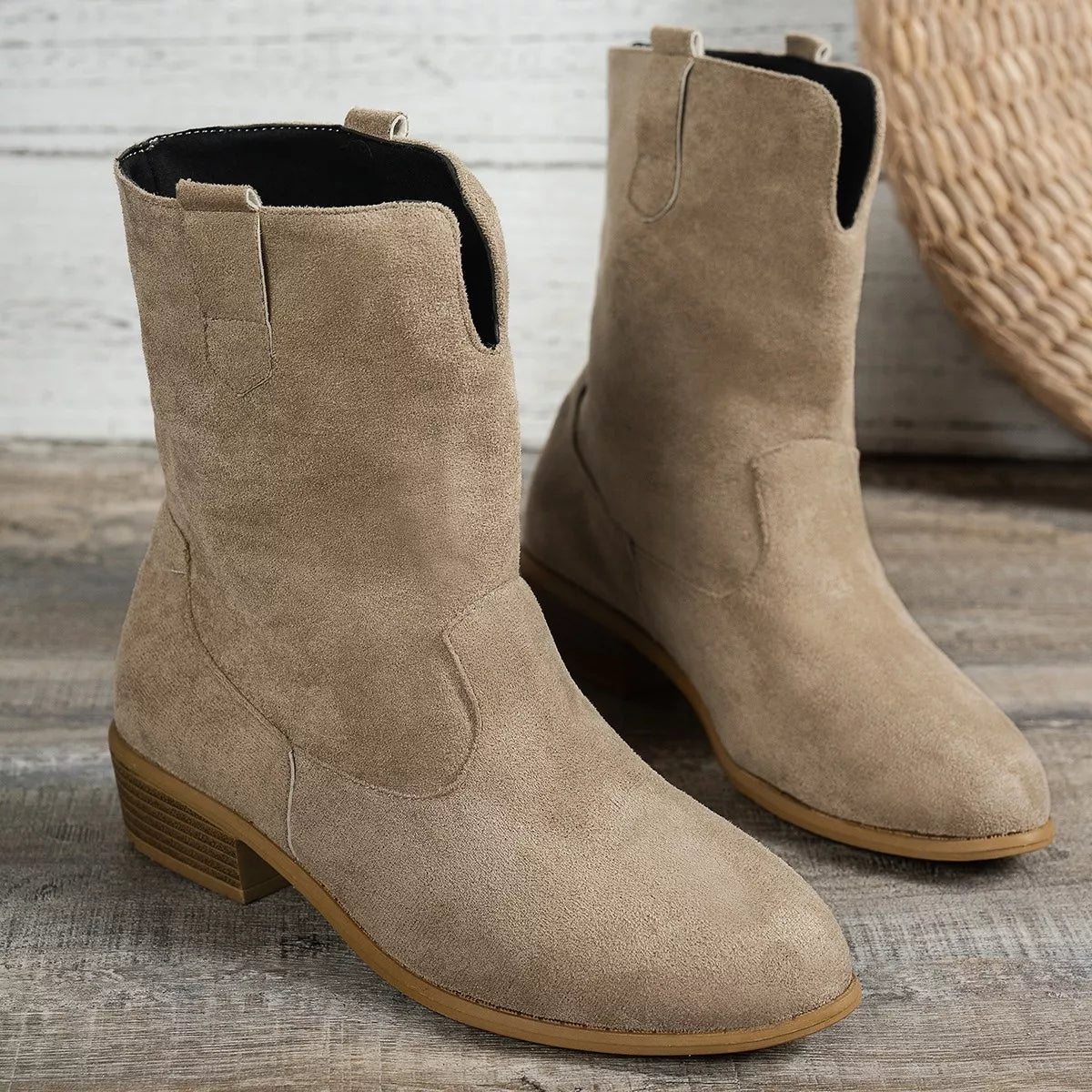 Suede Block Heel Western Boots pair styled together