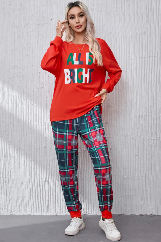 ALL IS BRIGHT Round Neck Top and Plaid Pants Lounge Set Red - Fashorio