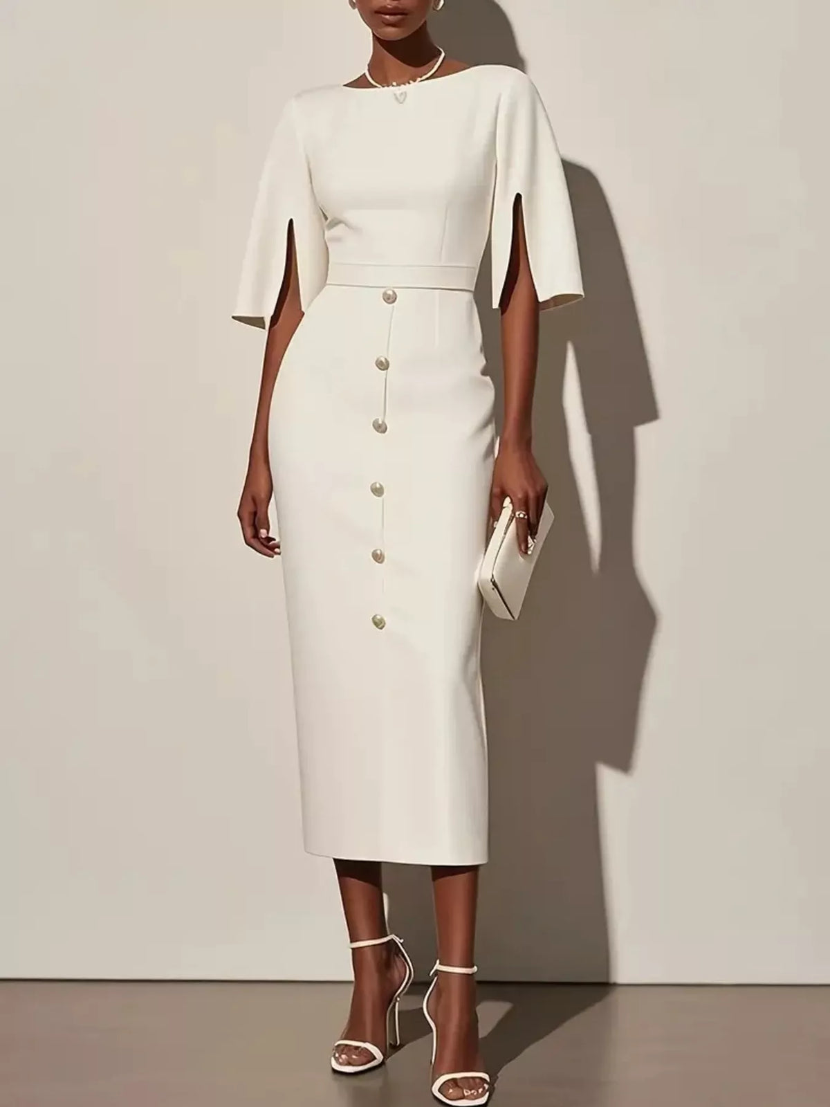 Slit Sleeve Midi Dress with Buttons front view