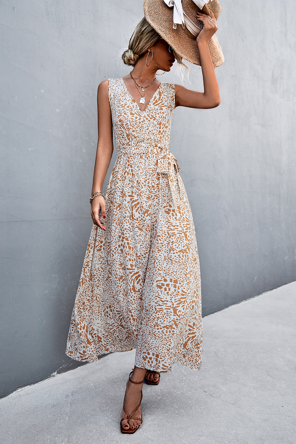Printed V neck tie waist maxi dress side view