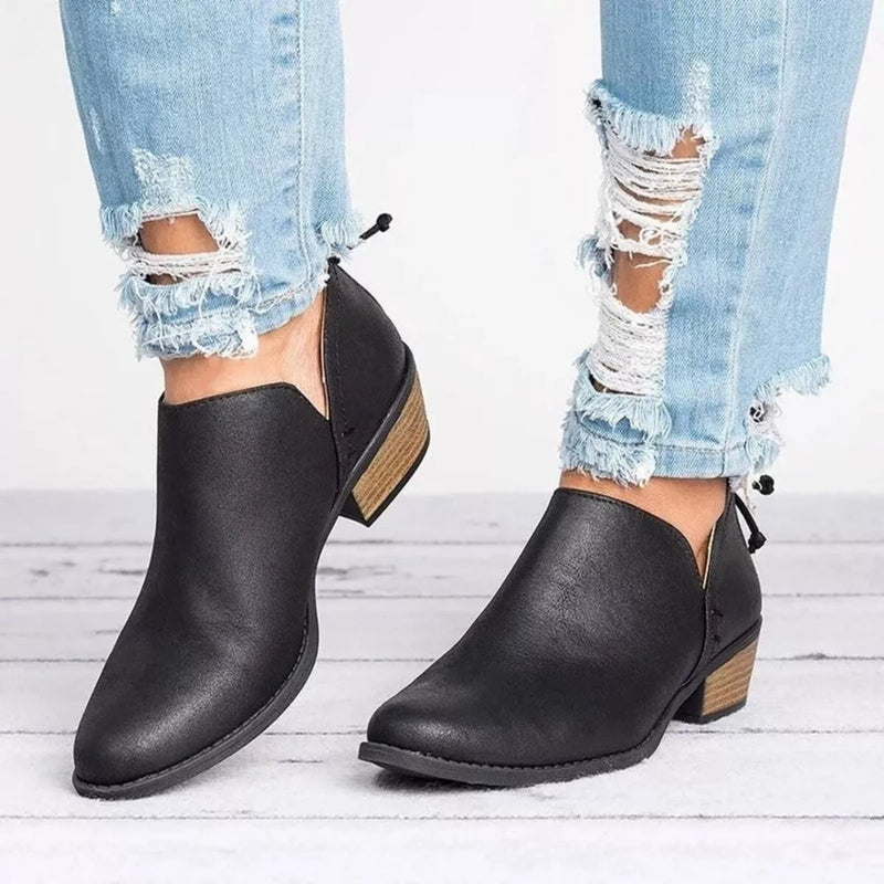 Point toe low heel boots side profile