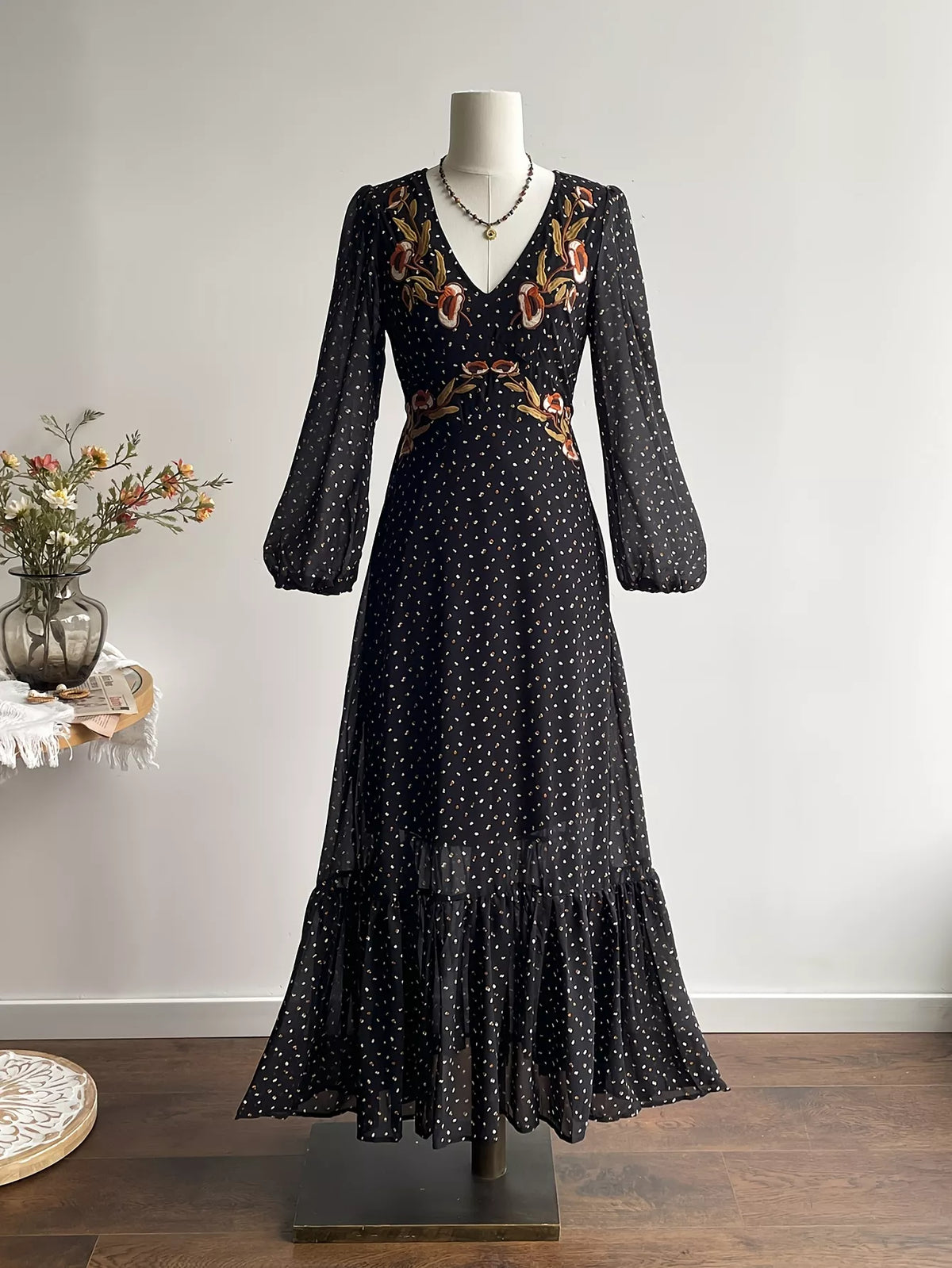 Embroidered maxi dress detail close up