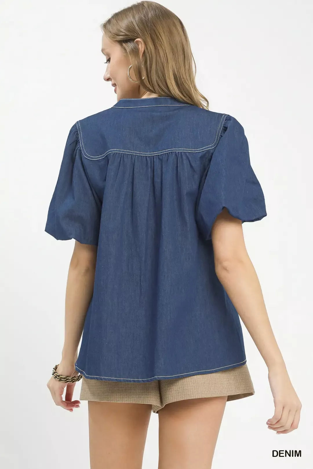 Umgee denim button front boho blouse back view