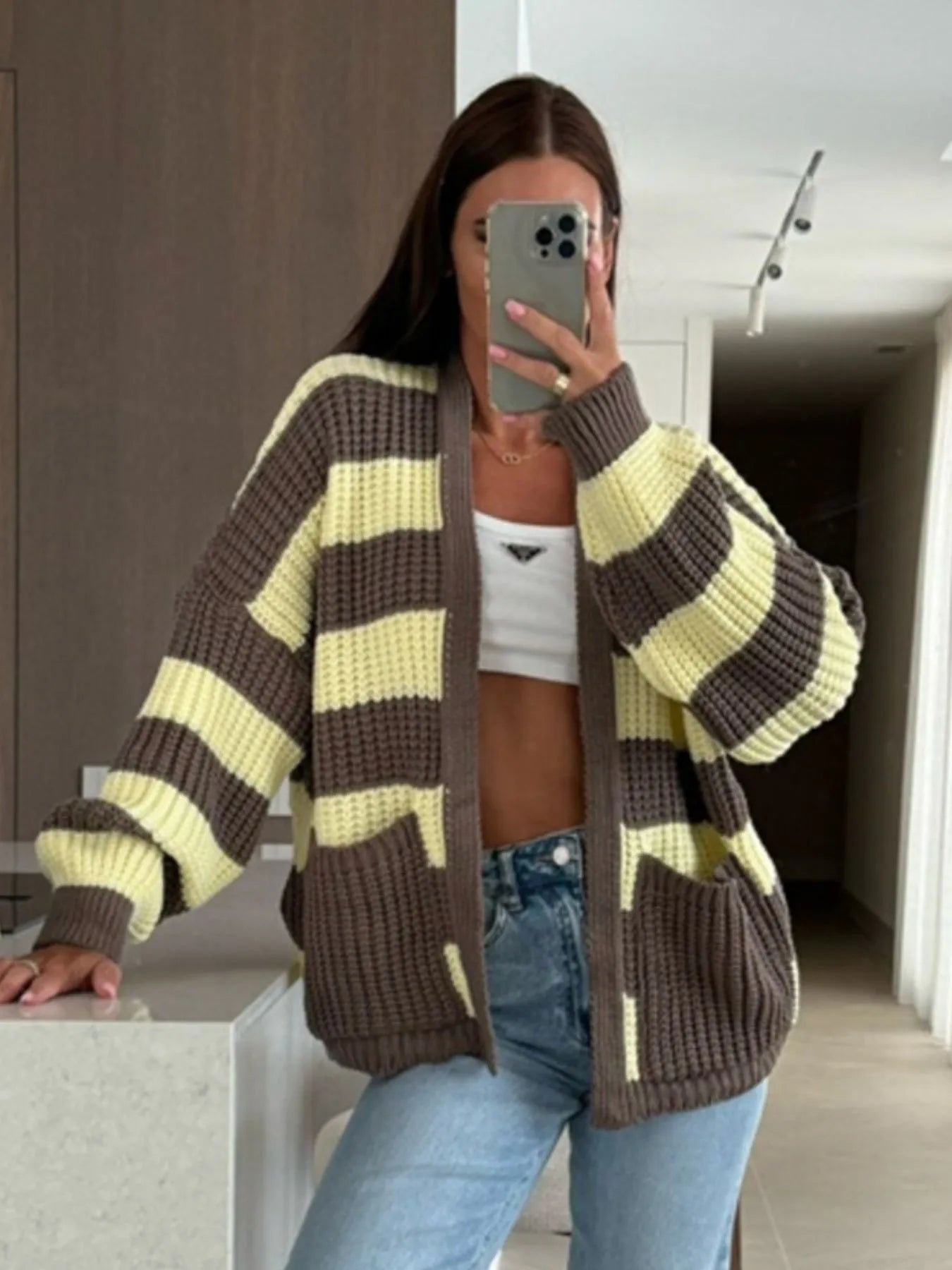 Striped Open Front Long Sleeve Cardigan - Fashorio