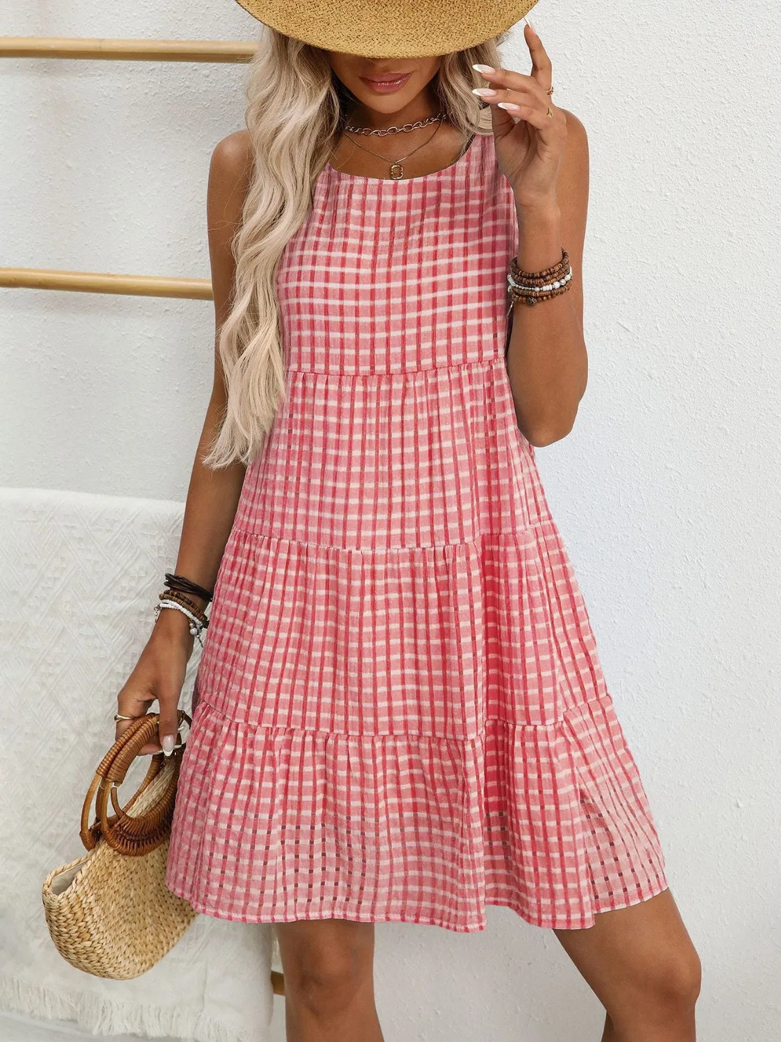 Plaid Round Neck Sleeveless Mini Dress in Light Blue view 15