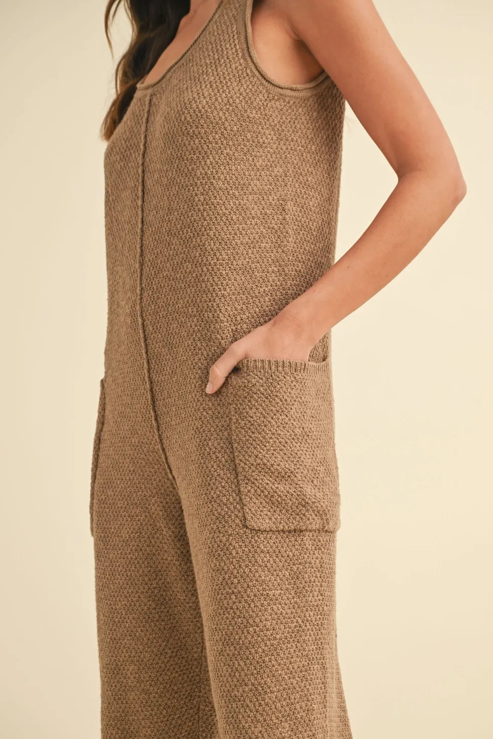 Sleeveless Knit Crop Jumpsuit with Pockets close up