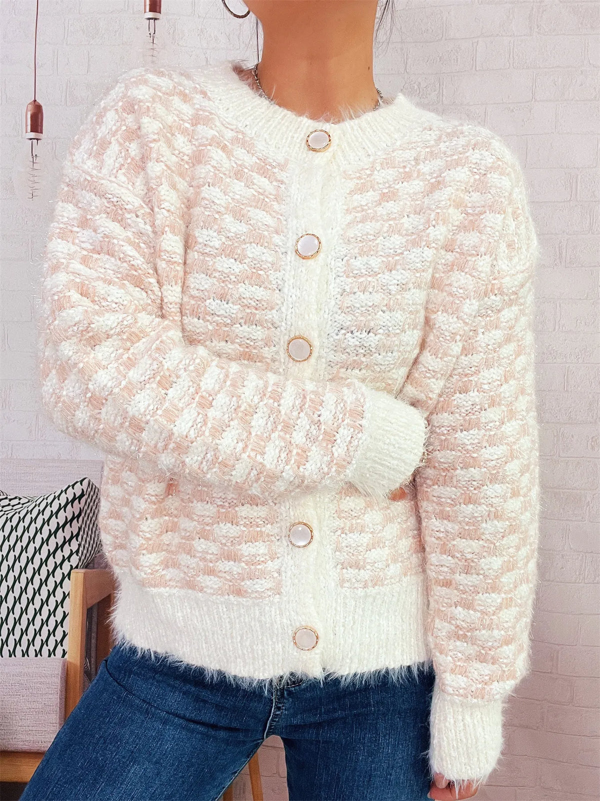 Fluffy textured button up cardigan back view