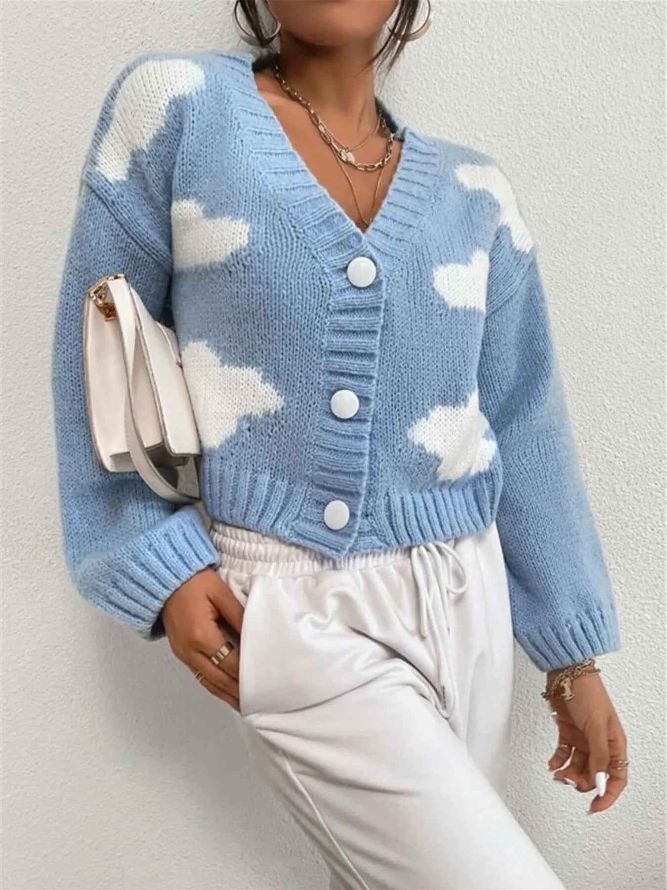 Contrast Cloud Pattern Cropped Button-Up Cardigan - Fashorio