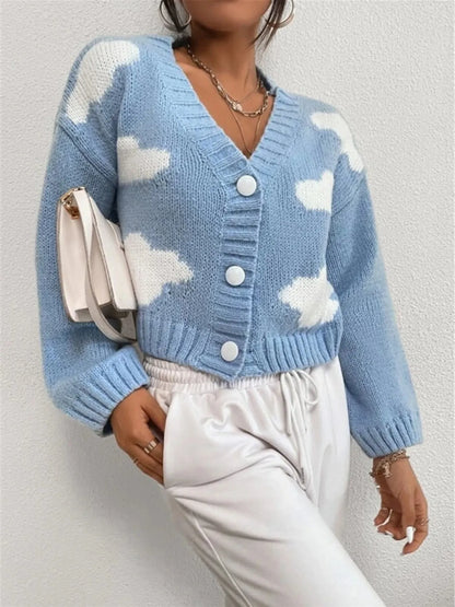Contrast Cloud Pattern Cropped Button-Up Cardigan - Fashorio