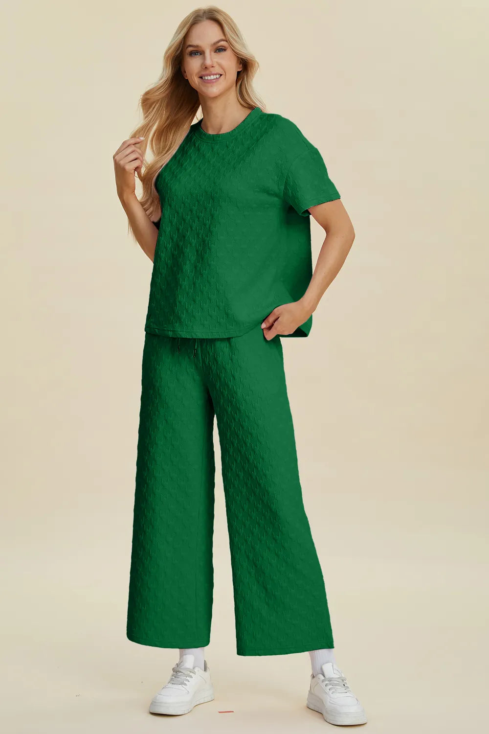 Two piece round neck set side view showing relaxed fit
