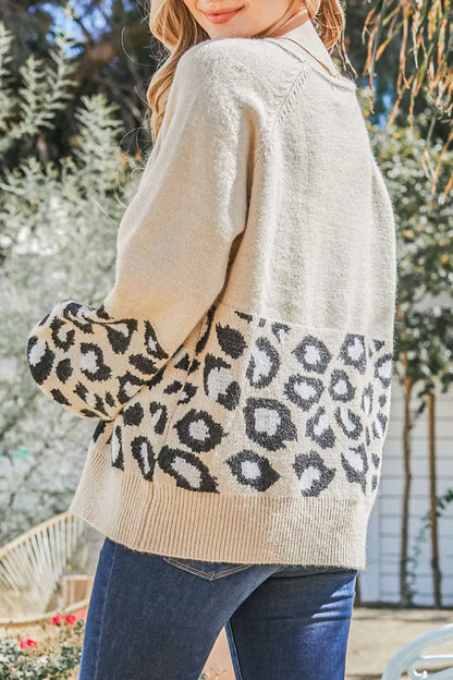 Round Neck Leopard Print Stitched Long-Sleeved Sweater - Fashorio
