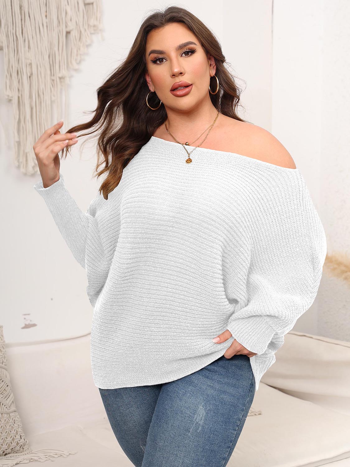 Full Size Boat Neck Batwing Sleeve Sweater White - Fashorio