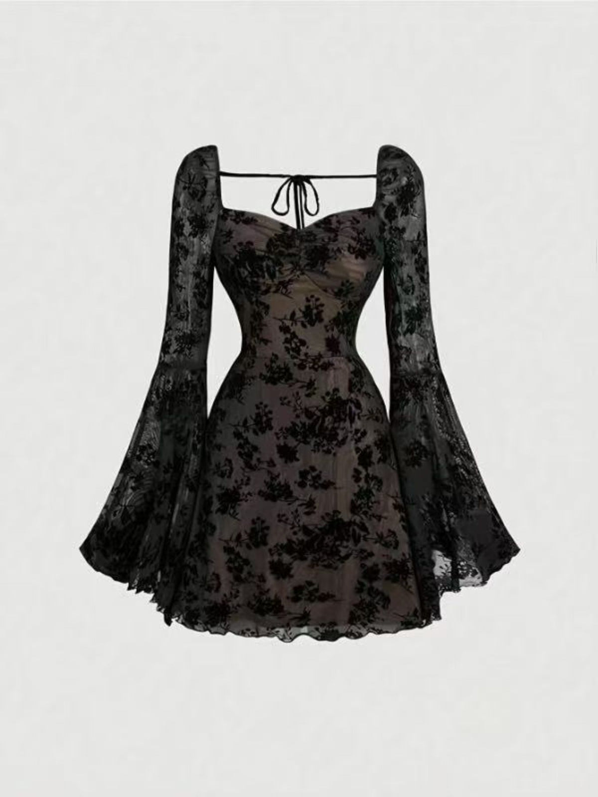 Black lace sweetheart neck mini dress front view on model