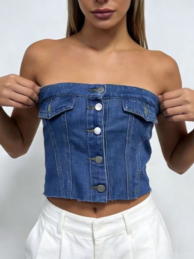 Blue denim tube top with button front shown on model