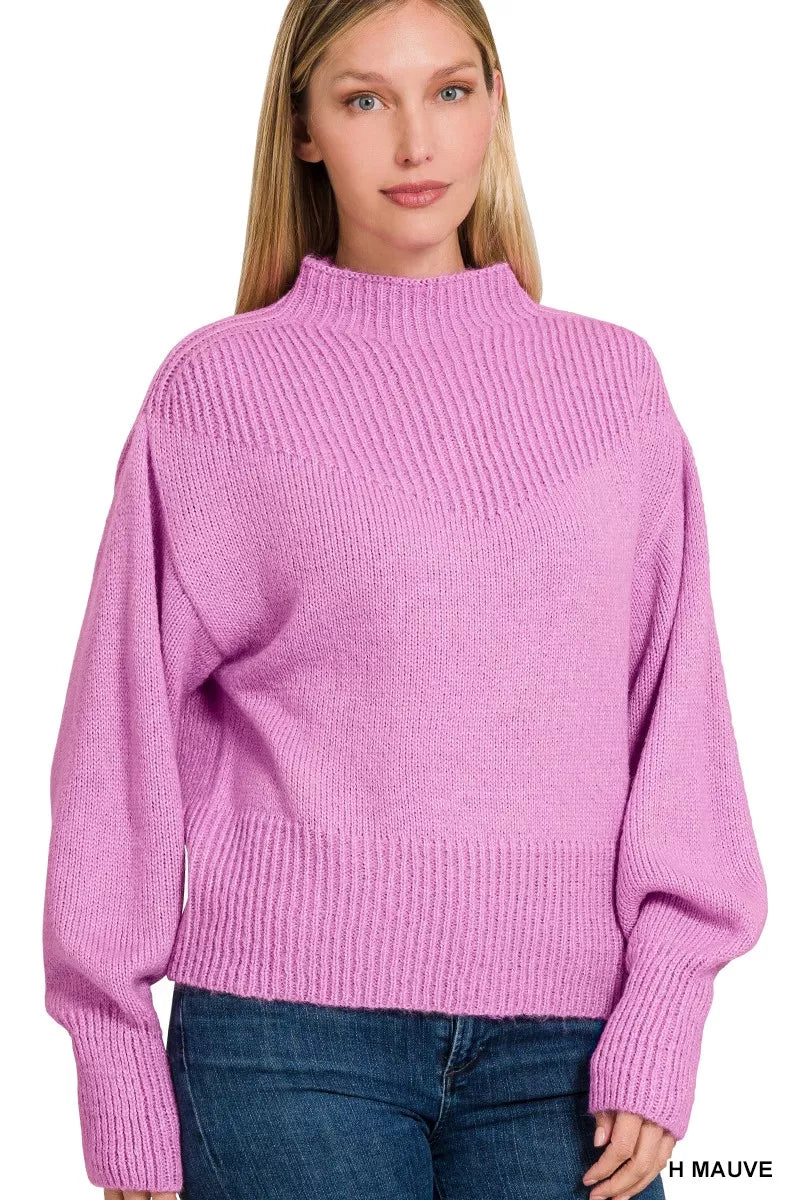 Balloon Sleeve Mock Neck Sweater in Mauve