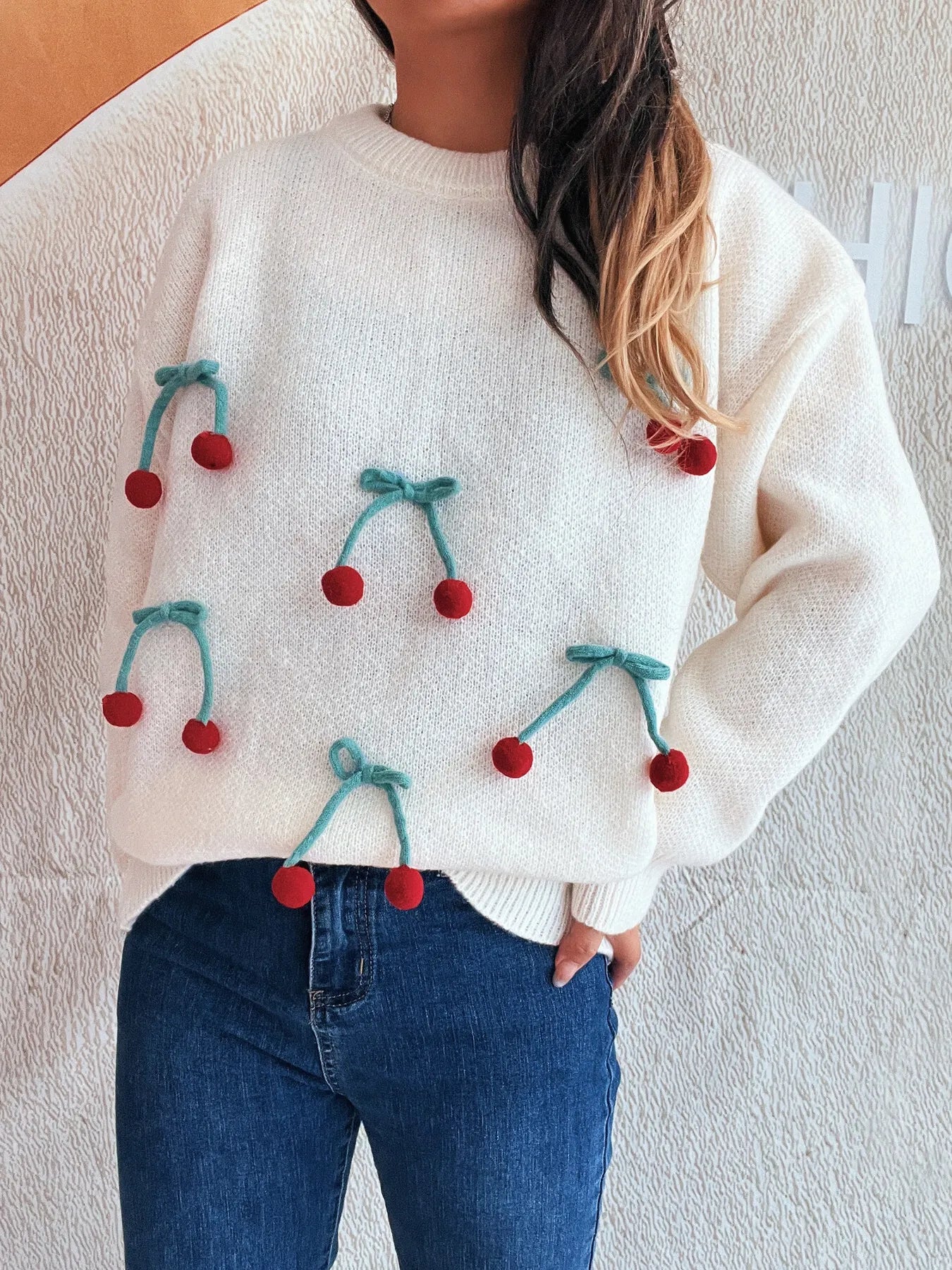 Cherry Round Neck Long Sleeve Sweater - Fashorio