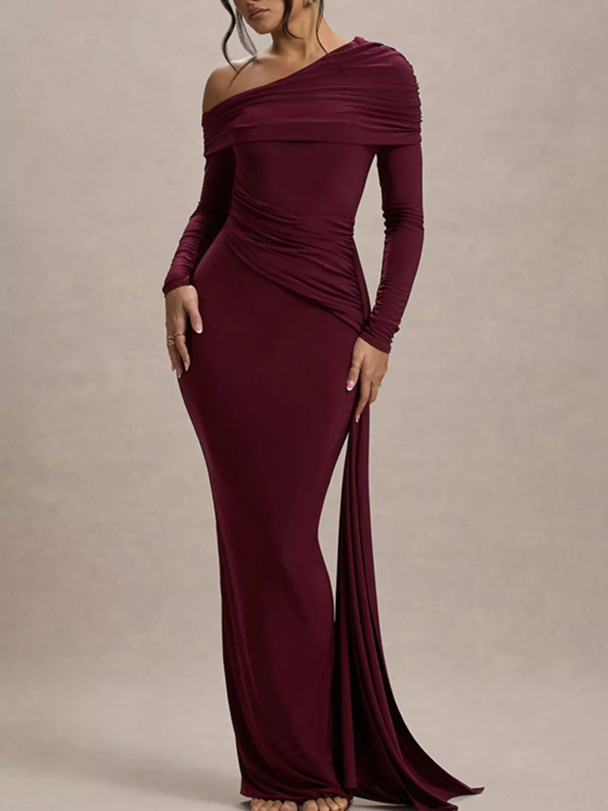 One shoulder ruched maxi dress side profile