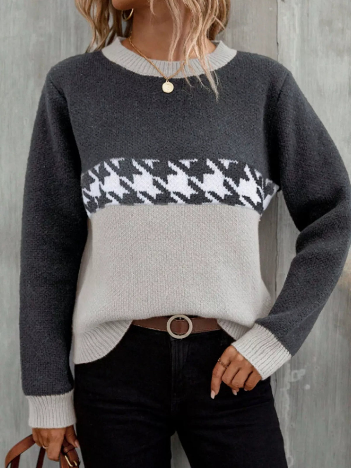 color block houndstooth sweater neckline detail