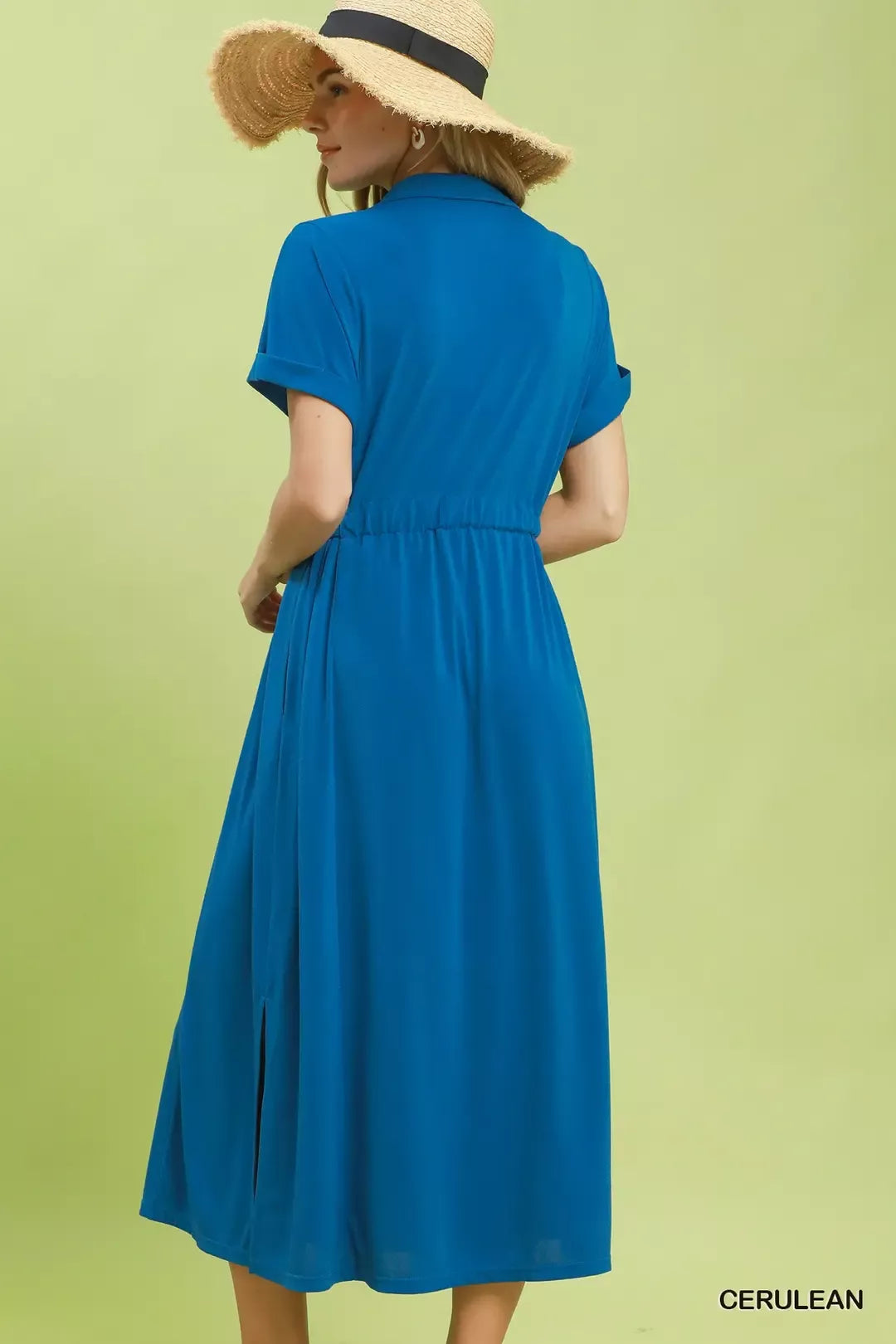 Cerulean blue Umgee collared belted midi dress full length view